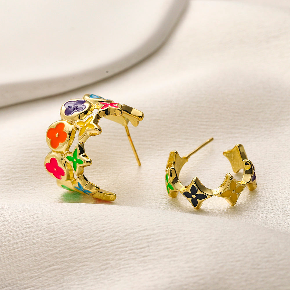 304 Stainless Steel Colorful Flower & Star Hoop Earrings