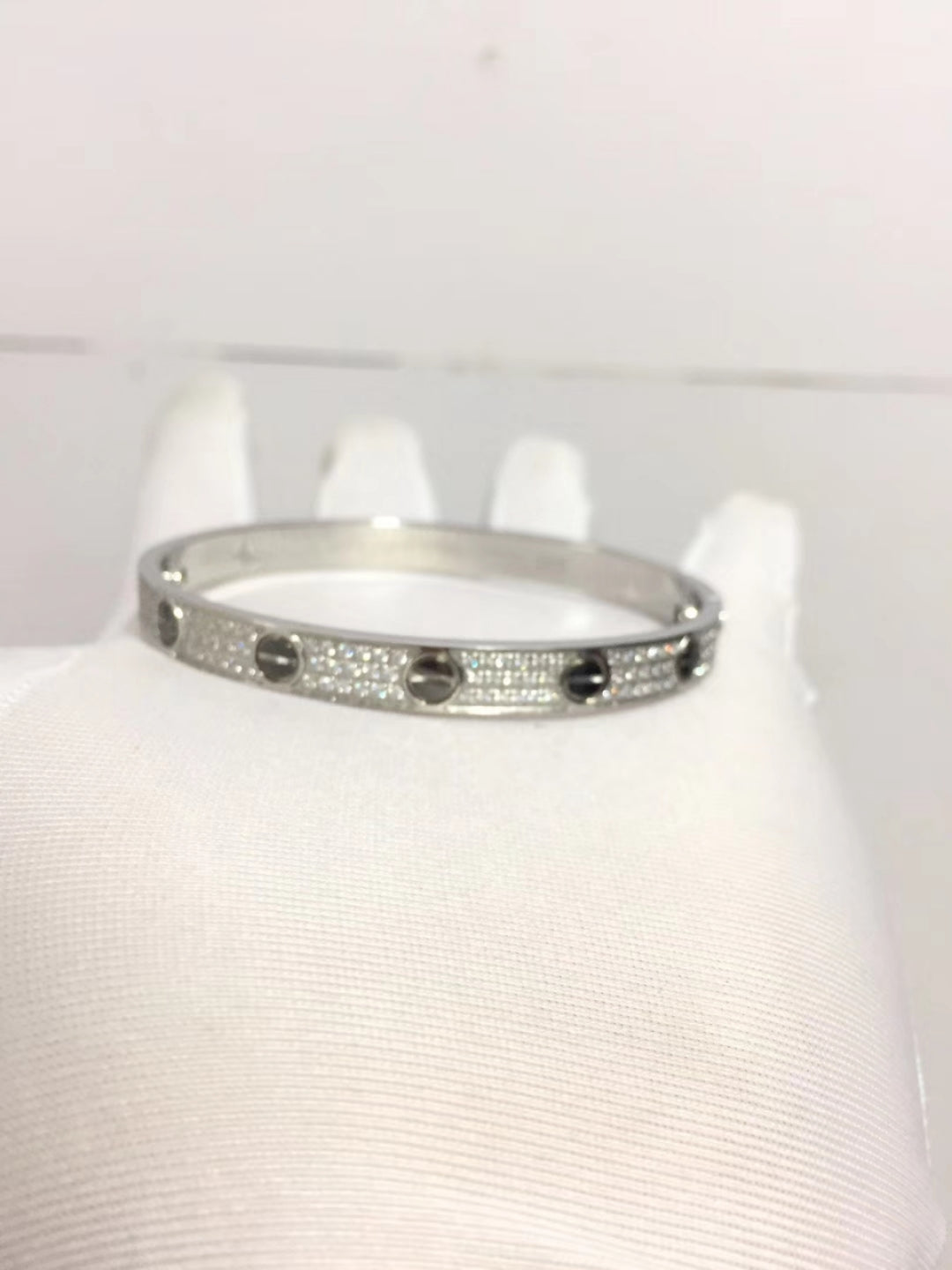 Silver-Tone Pave Screw-Detail Bangle Bracelet