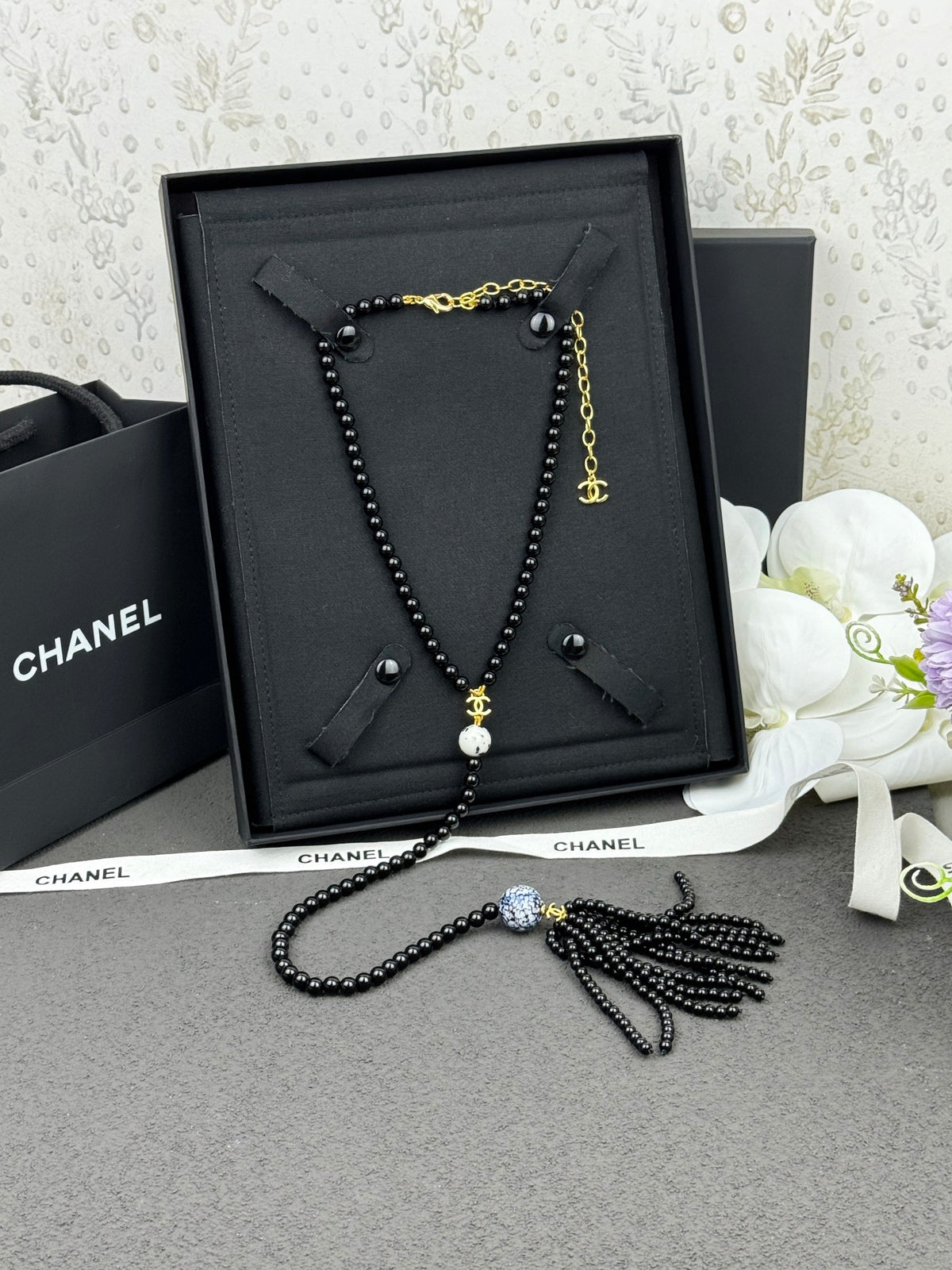 Gold Tone Long Tassel Necklace, Black Faux Pearl & Glass Beads