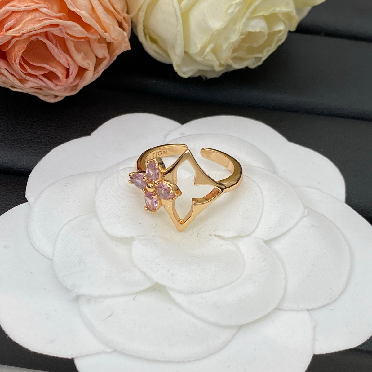 Open Floral Motif Ring with Butterfly Accent