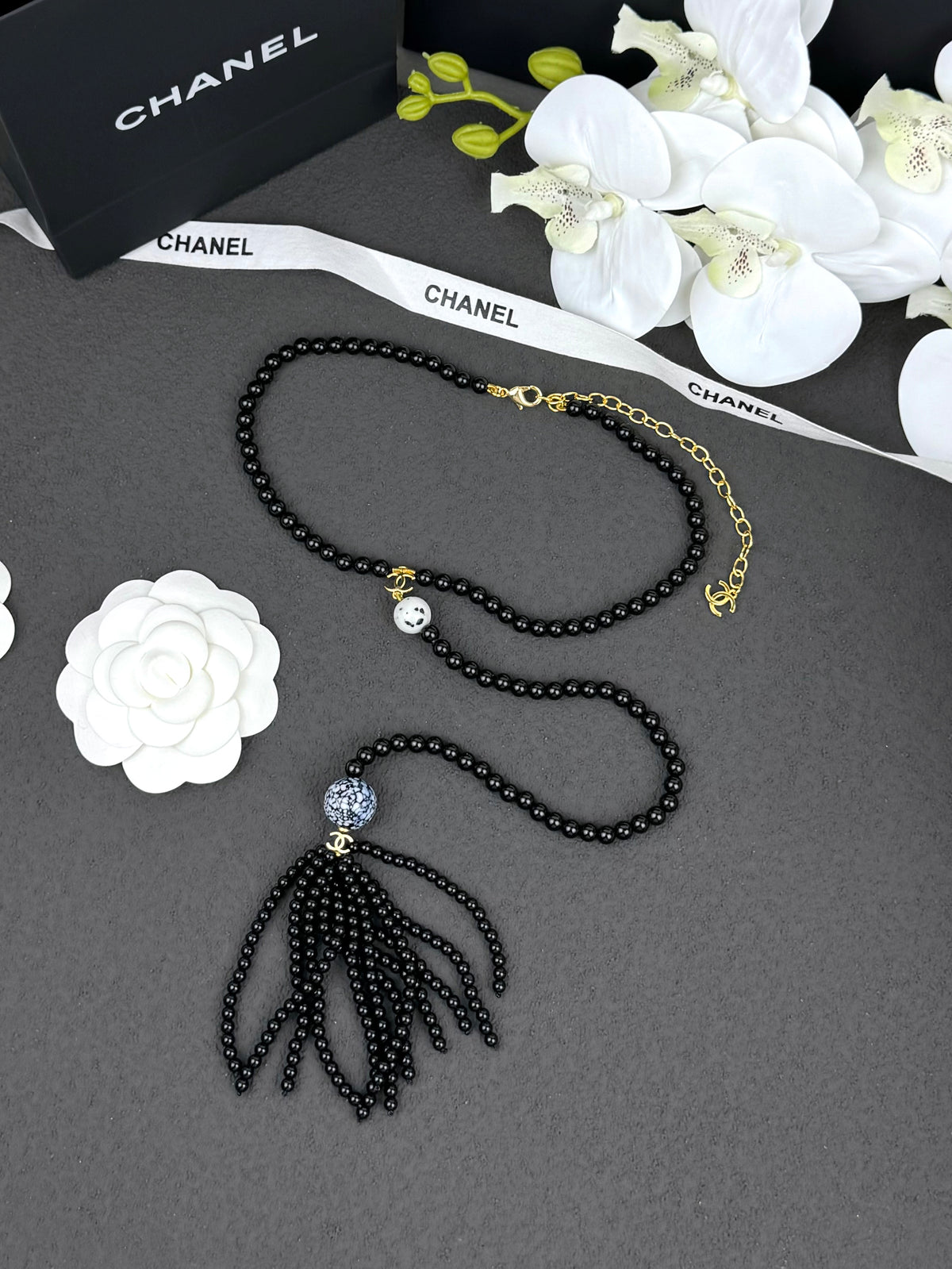 Gold Tone Long Tassel Necklace, Black Faux Pearl & Glass Beads