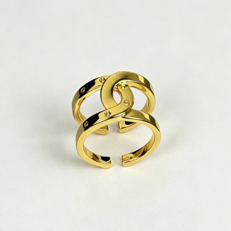 Open Double Emblem Ring with Stone Accents