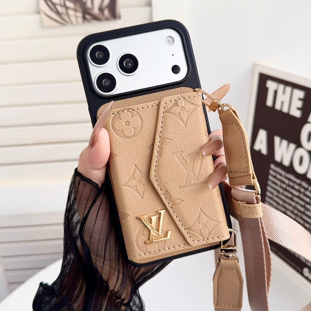Embossed Letter Phone Case with Card Pocket and Strap