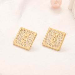 304 Stainless Steel Pave Square Monogram Stud Earrings