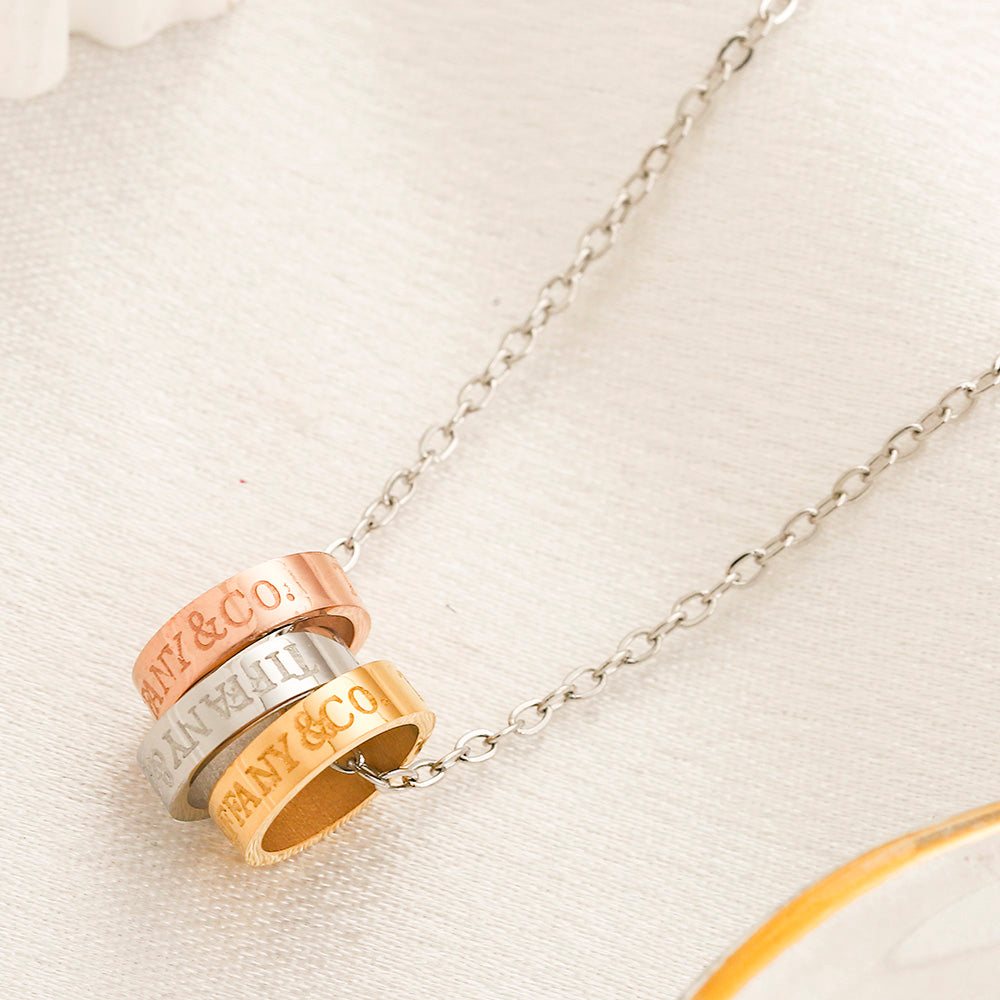 304 Stainless Steel Pave Double-Band Ring Pendant Necklace