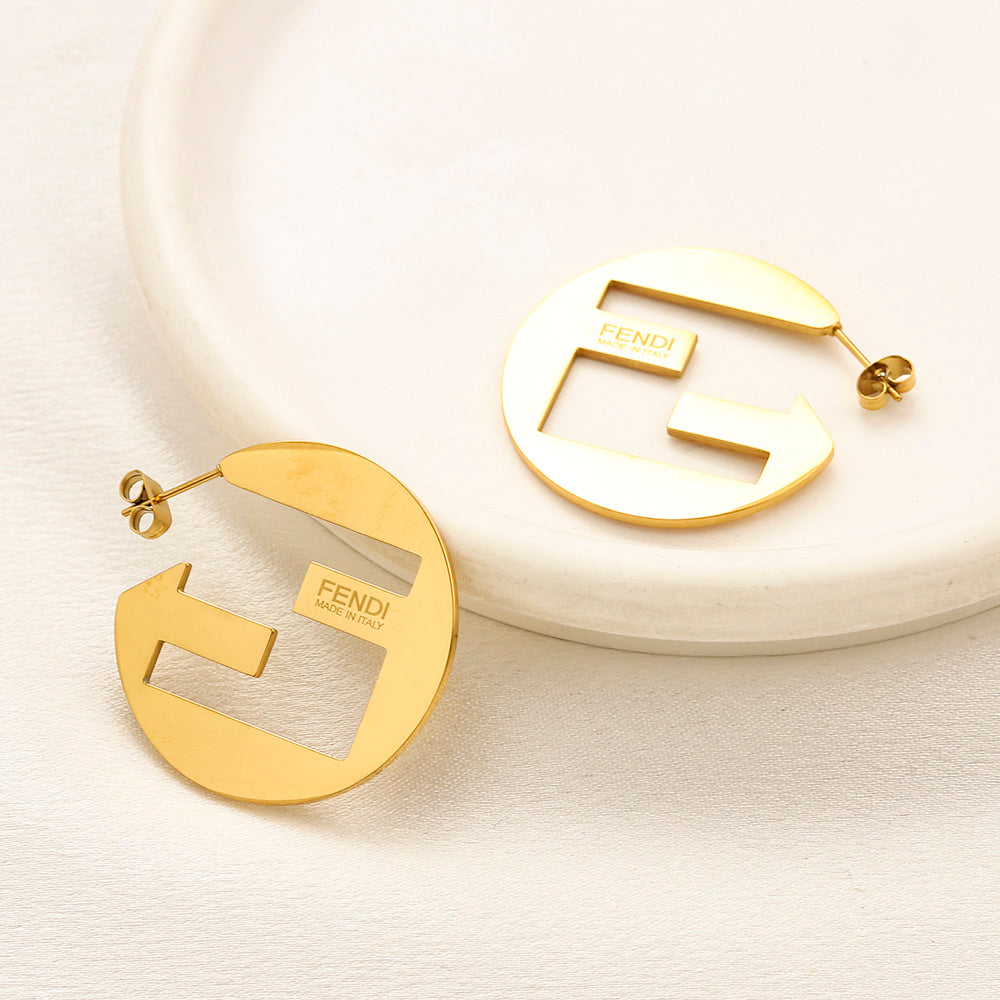 304 Stainless Steel Polished Cutout F-Motif Hoop Earrings