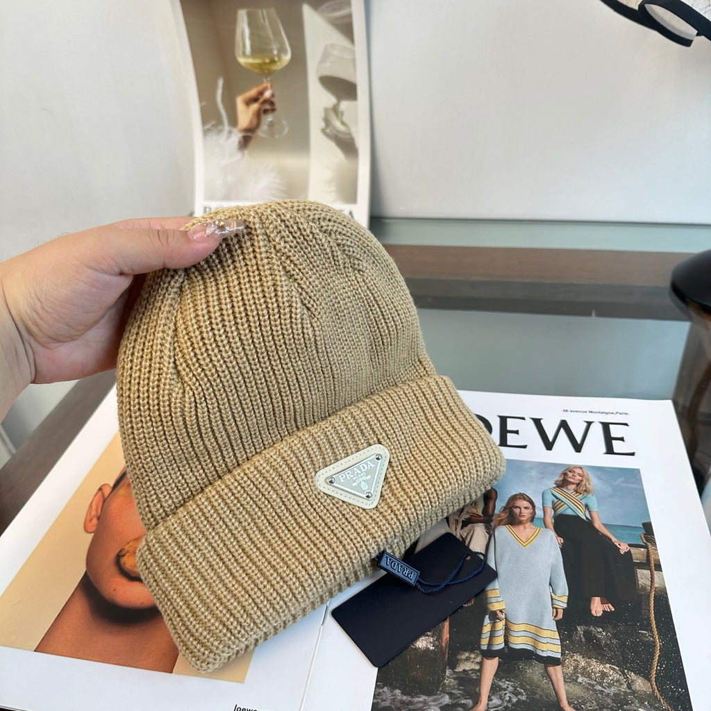 Ribbed Knit Beanie with Triangle Emblem