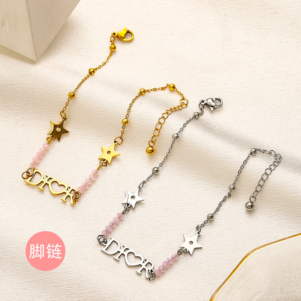 304 Stainless Steel Star Charm Anklet with Letter Pendant