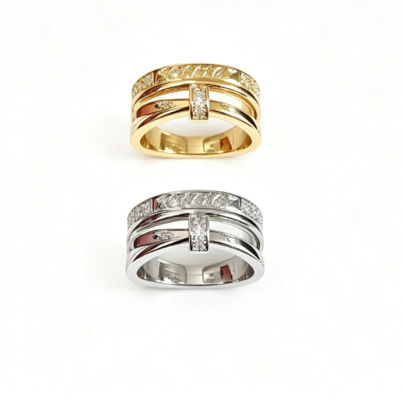 Triple-Band Ring with Pave Row and Bar Accent