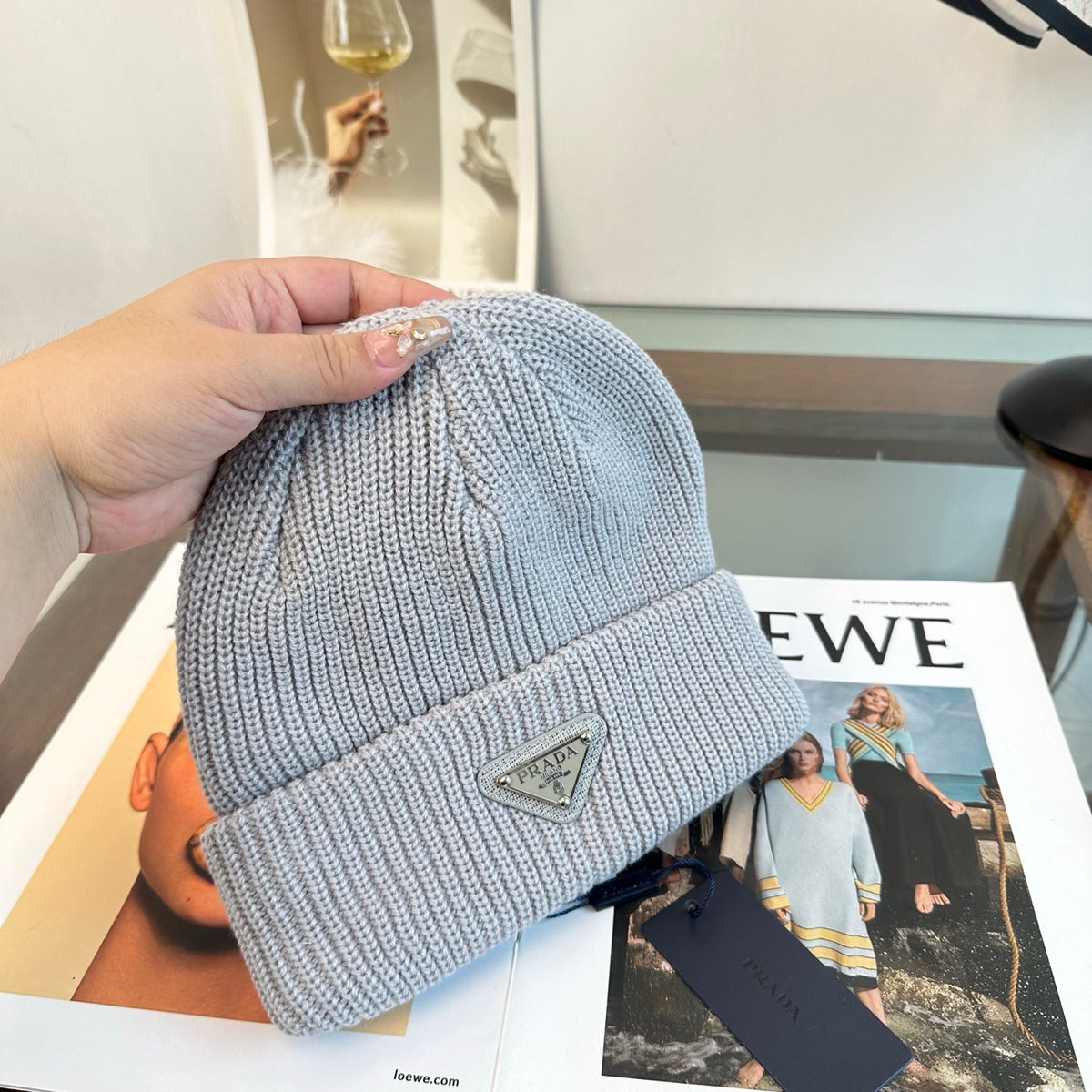 Ribbed Knit Beanie with Triangle Emblem