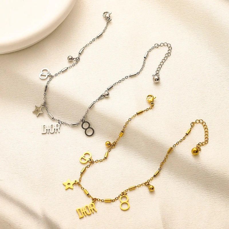 304 Stainless Steel Letter & Open Circle Charm Anklet
