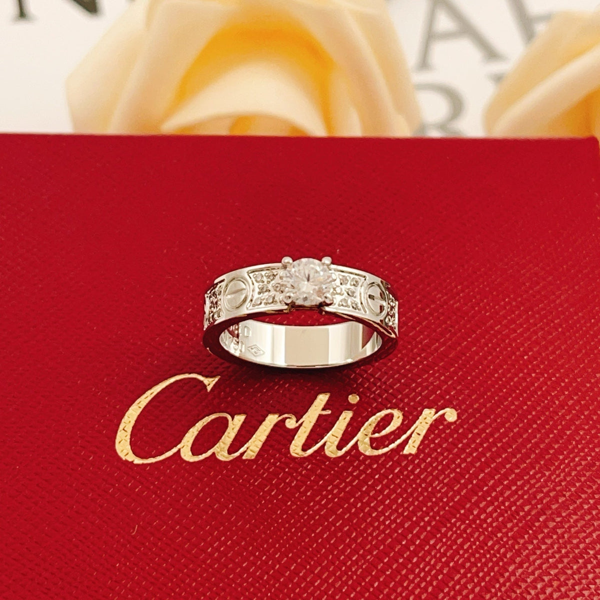 Silver-Tone Pave Screw-Detail Ring with Raised Stone