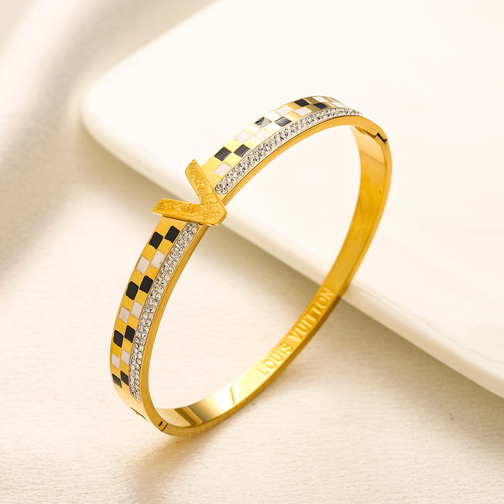 304 Stainless Steel Checkerboard V-Motif Pave Bangle Bracelet