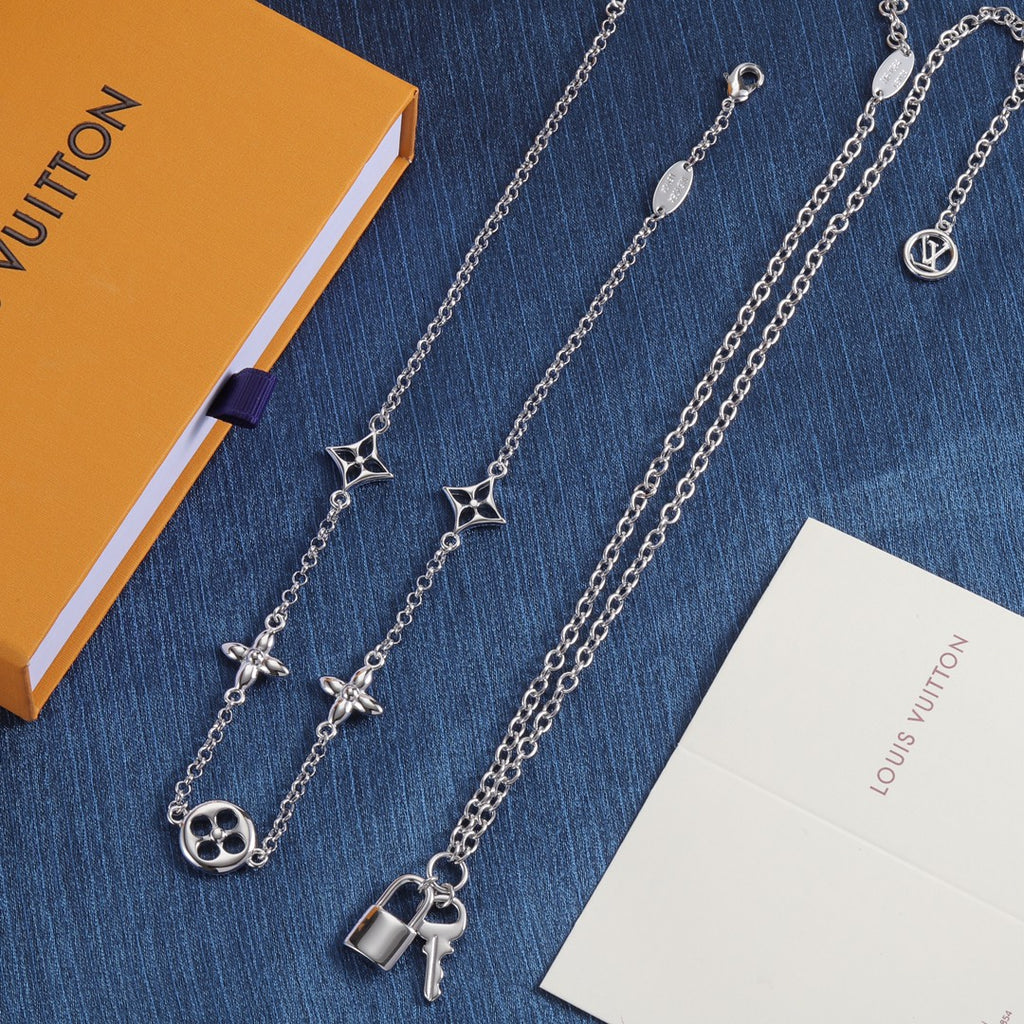 Floral Station Necklace with Padlock Charm