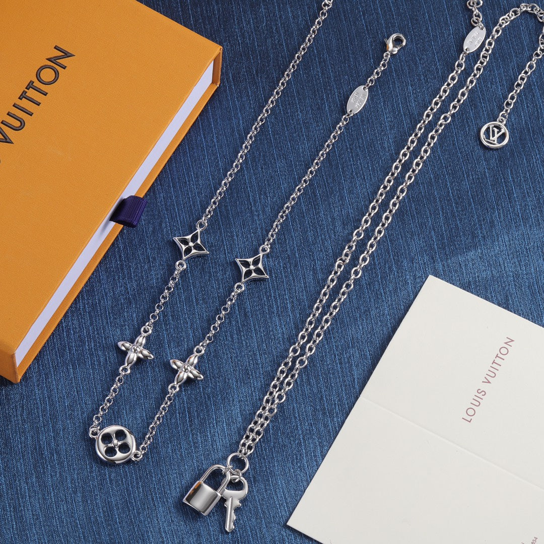 Floral Station Necklace with Padlock Charm
