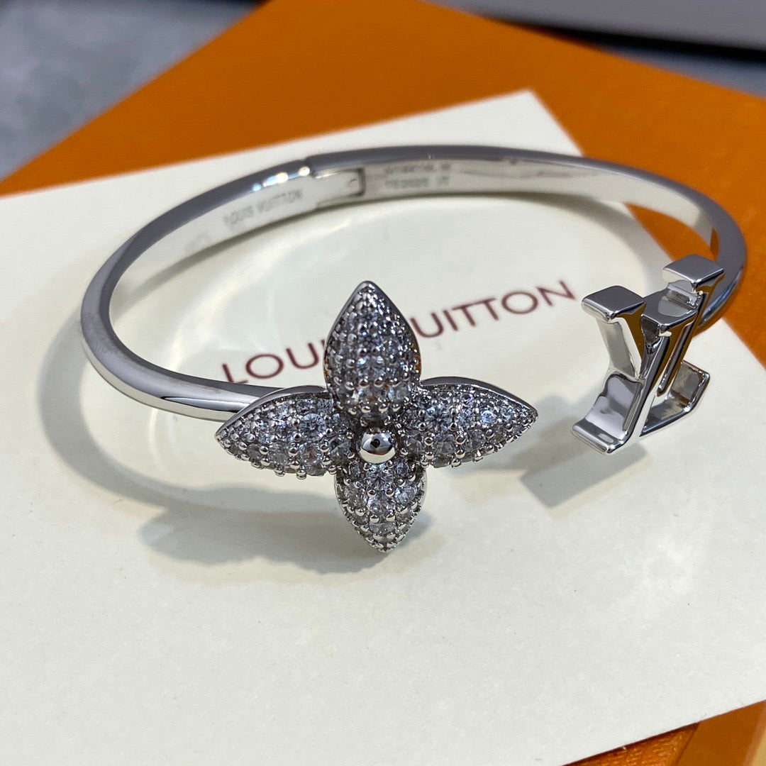 Pave Flower & Monogram Cuff Bracelet