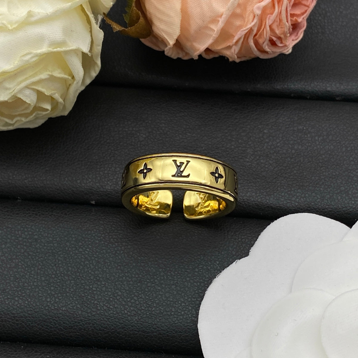 Openwork Monogram Wide Band Ring