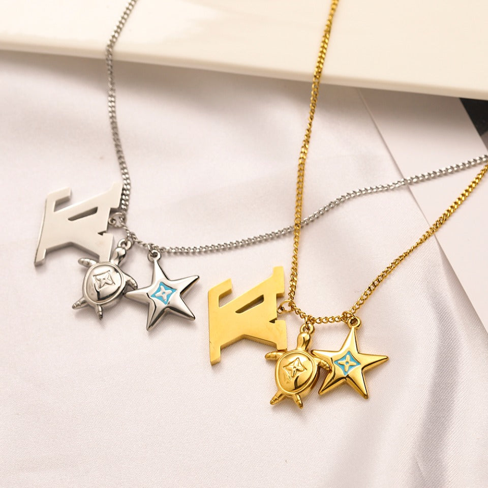 304 Stainless Steel Color-Accent Floral Monogram Necklace