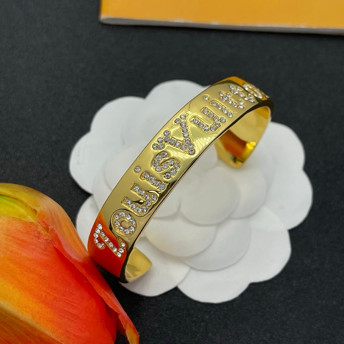 Pave Floral Monogram Open Cuff Bracelet
