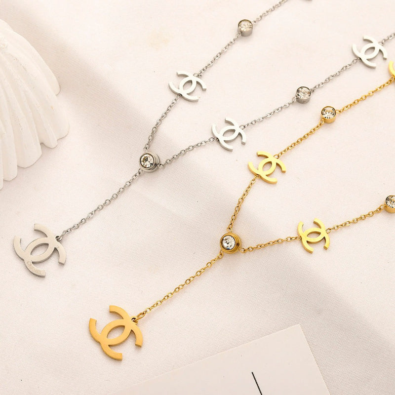 304 Stainless Steel Interlocking-C & Open-Circle Station Necklace