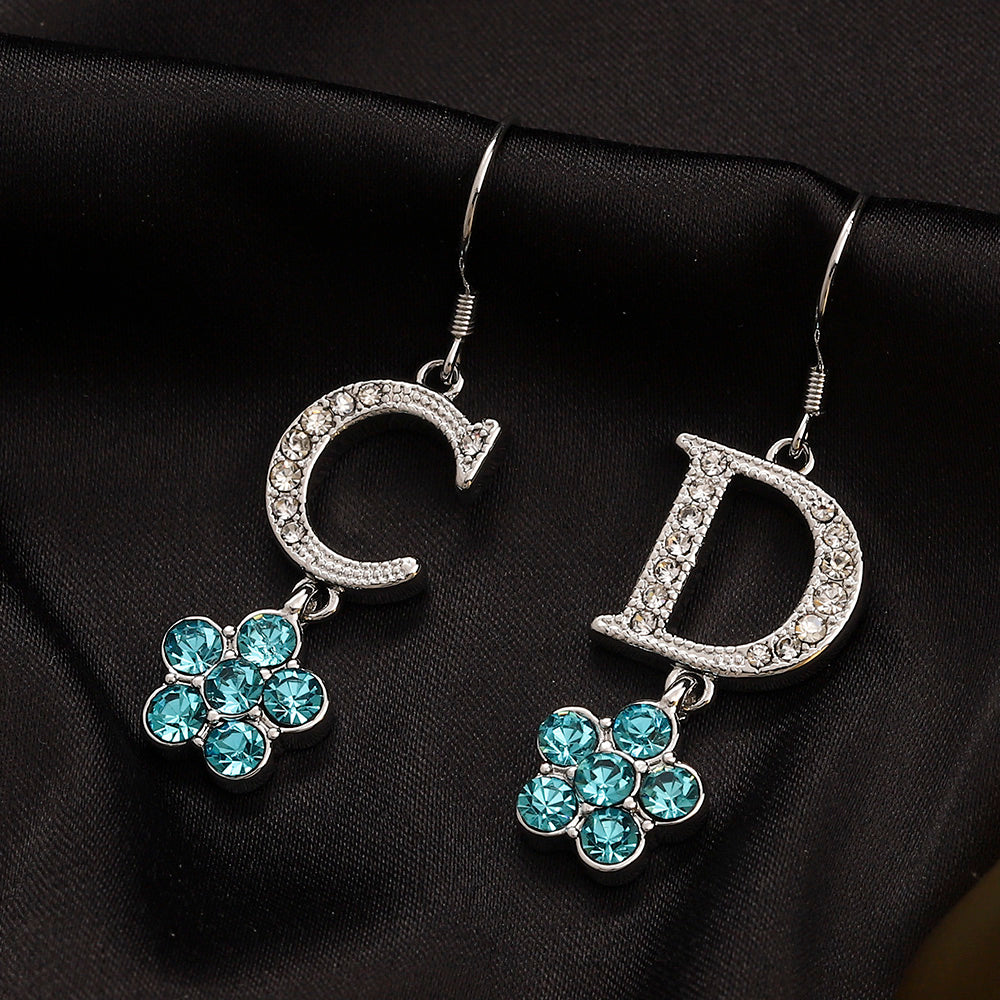 304 Stainless Steel Pave Letter & Flower Drop Earrings