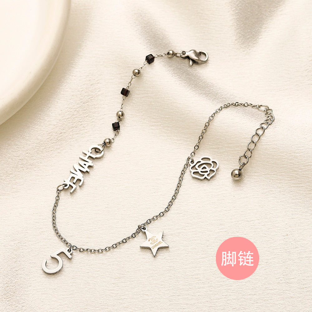 304 Stainless Steel Star & Letter Charm Anklet with Bead Accents