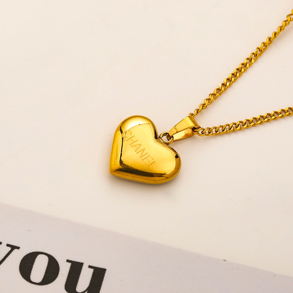 304 Stainless Steel Color-Inlay Interlocking-C Heart Necklace