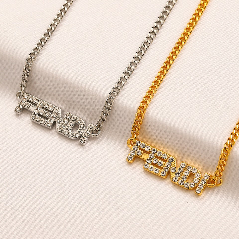 304 Stainless Steel Pave F-Motif Pendant Necklace