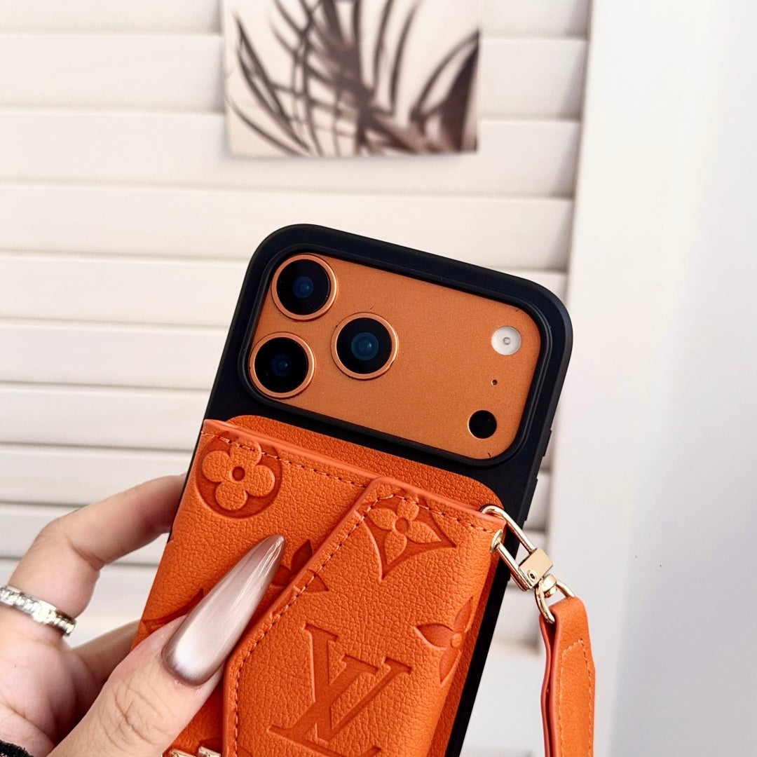 Embossed Letter Phone Case with Card Pocket and Strap