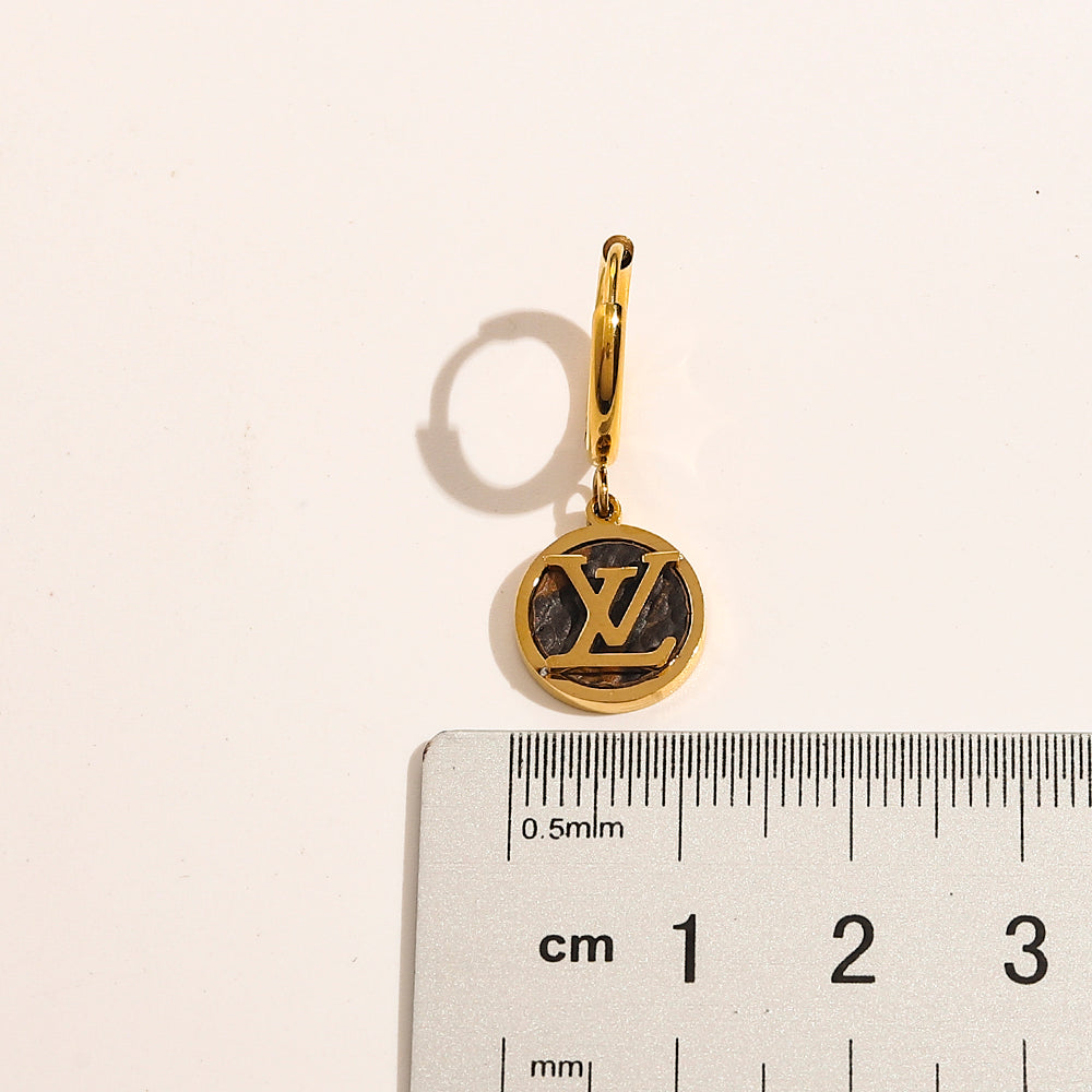 304 Stainless Steel Black Disc Monogram Charm Hoop Earrings