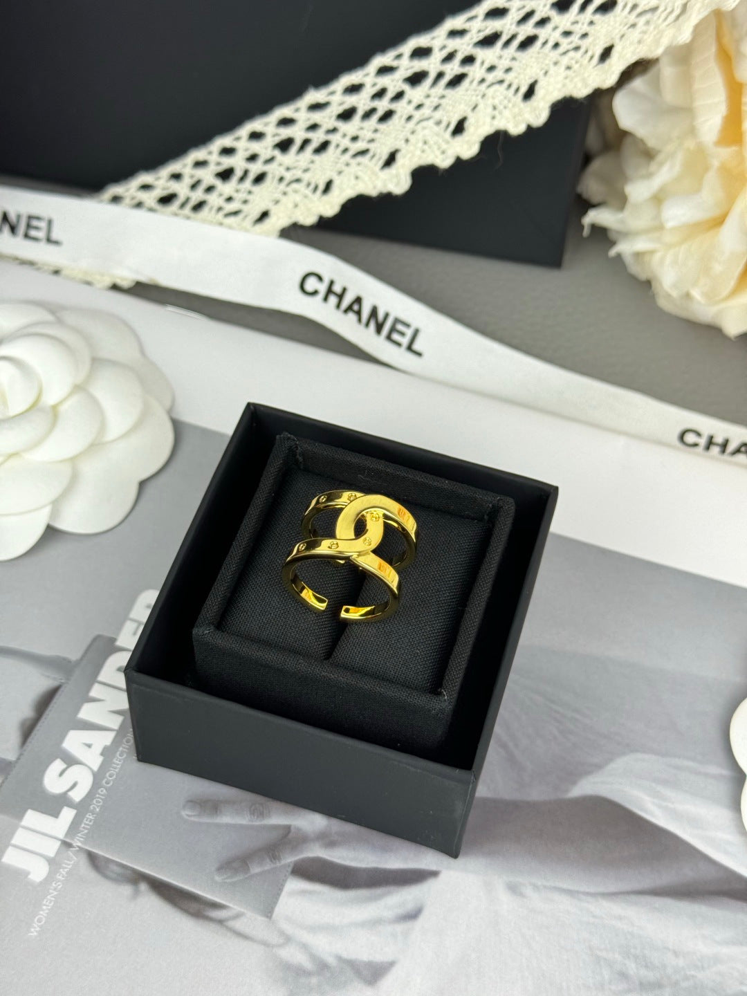 Open Double Emblem Ring with Stone Accents