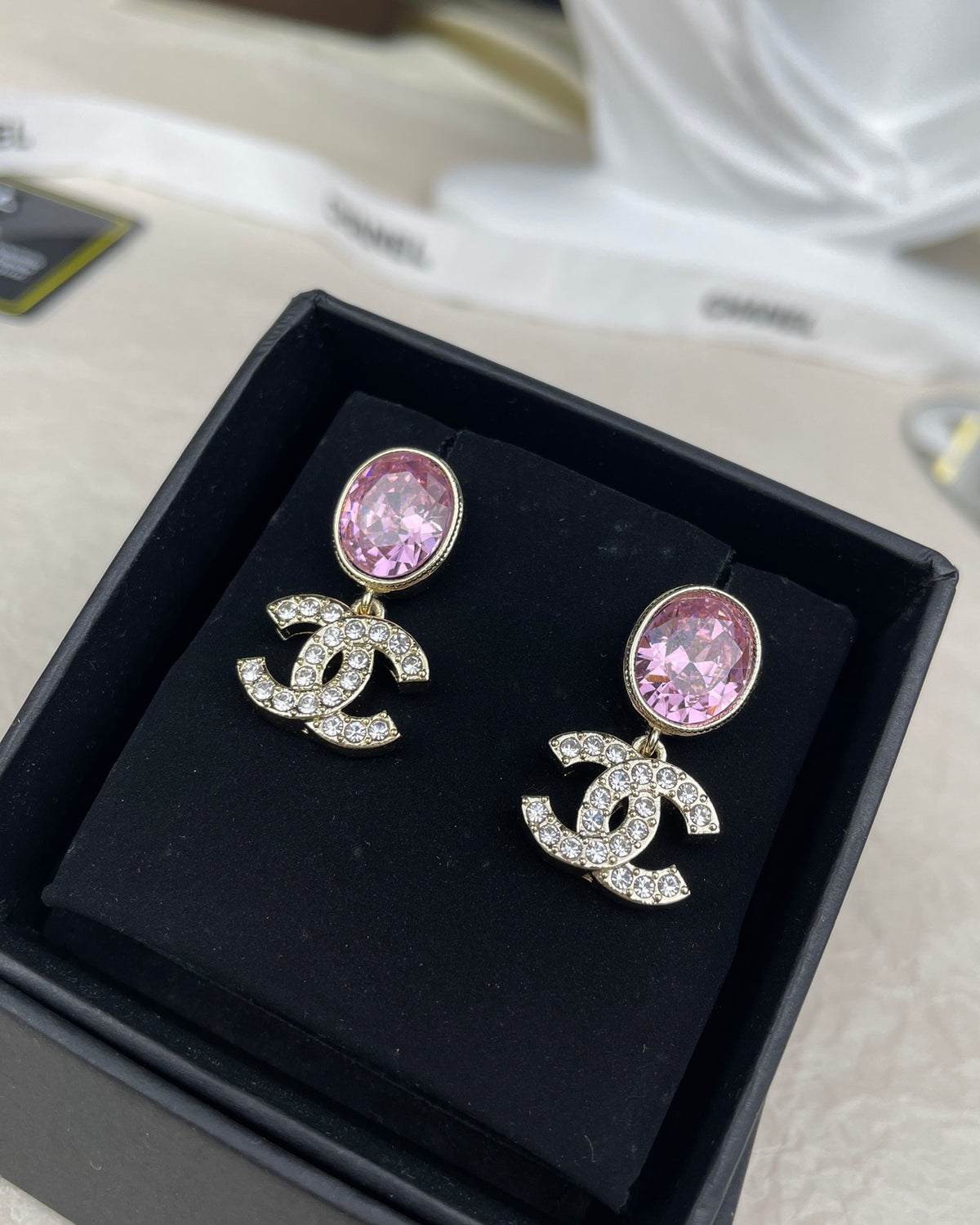 Pink Oval & Pave Interlocking-C Drop Earrings