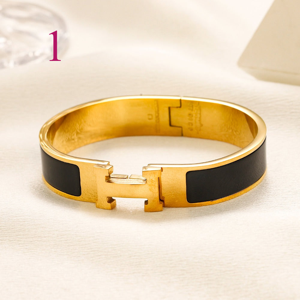 304 Stainless Steel Color-Inlay H-Clasp Bangle Bracelet