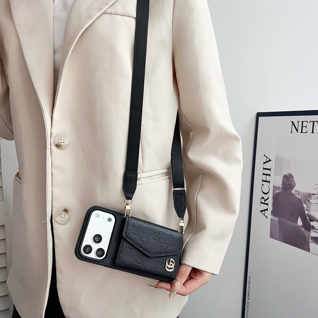 Quilted Emblem Phone Case with Card Pocket and Strap