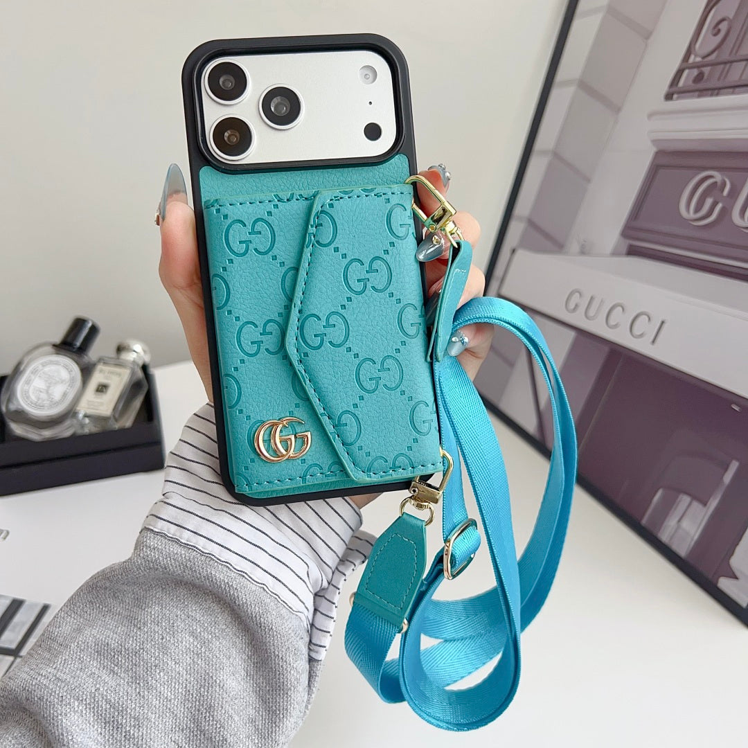 Quilted Emblem Phone Case with Card Pocket and Strap