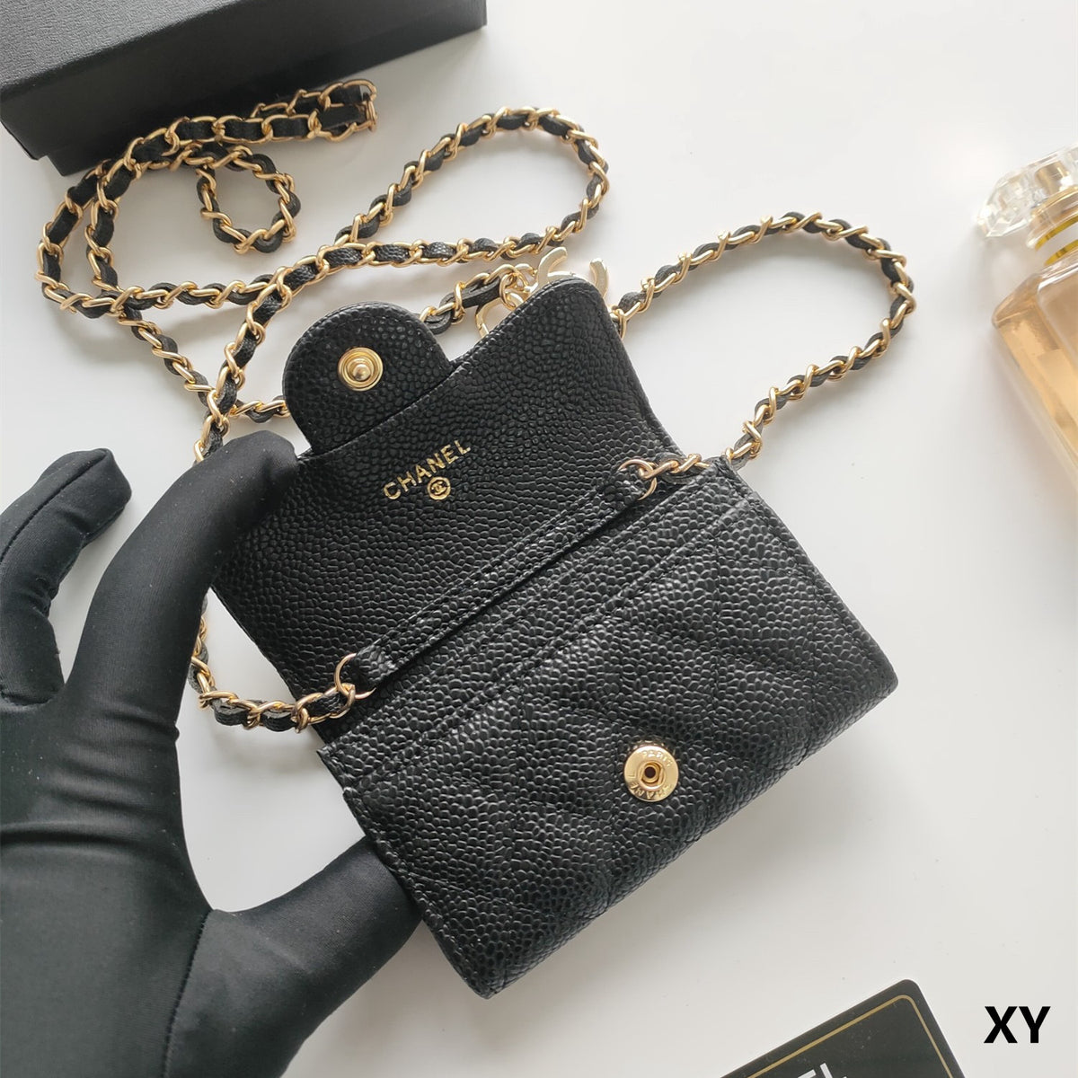 Quilted Compact Chain Strap Wallet 024