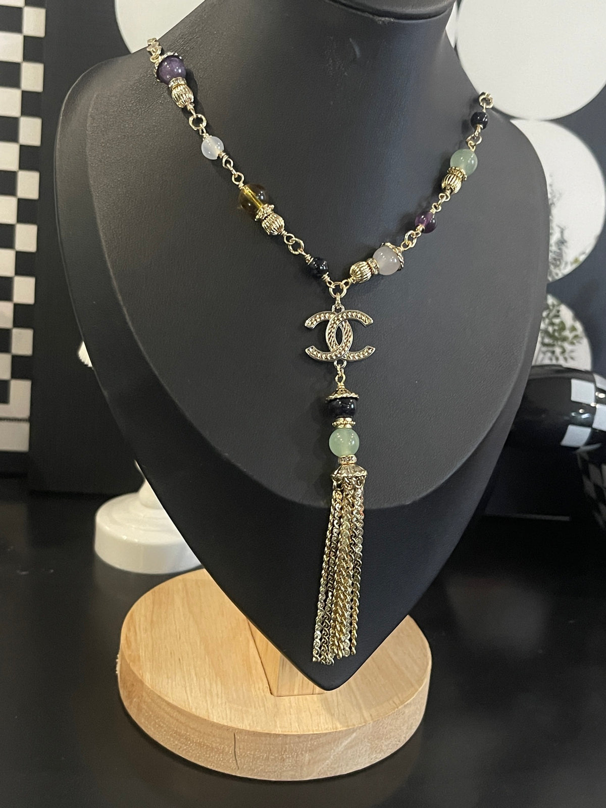 Gold Tone Long Tassel Handmade Beaded Pendant Necklace