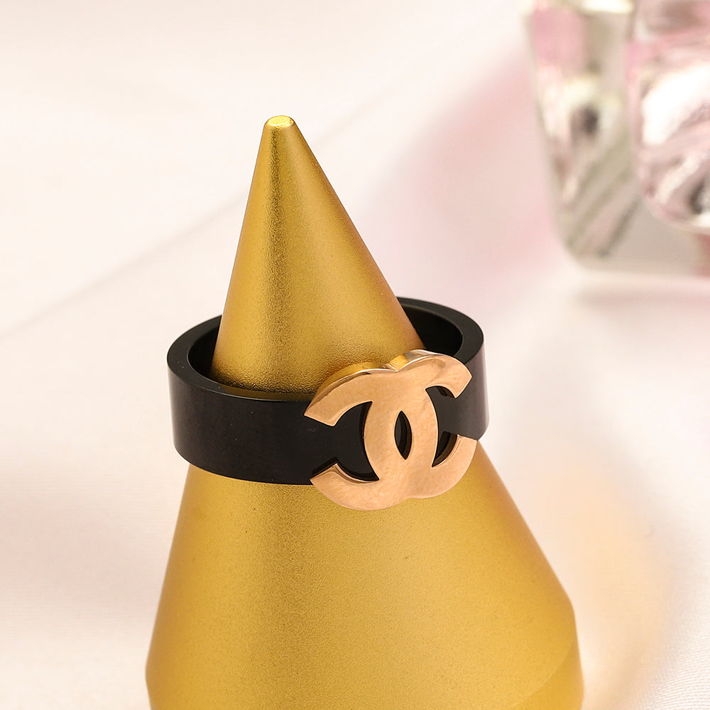 Black Wide Band Ring with Raised Emblem