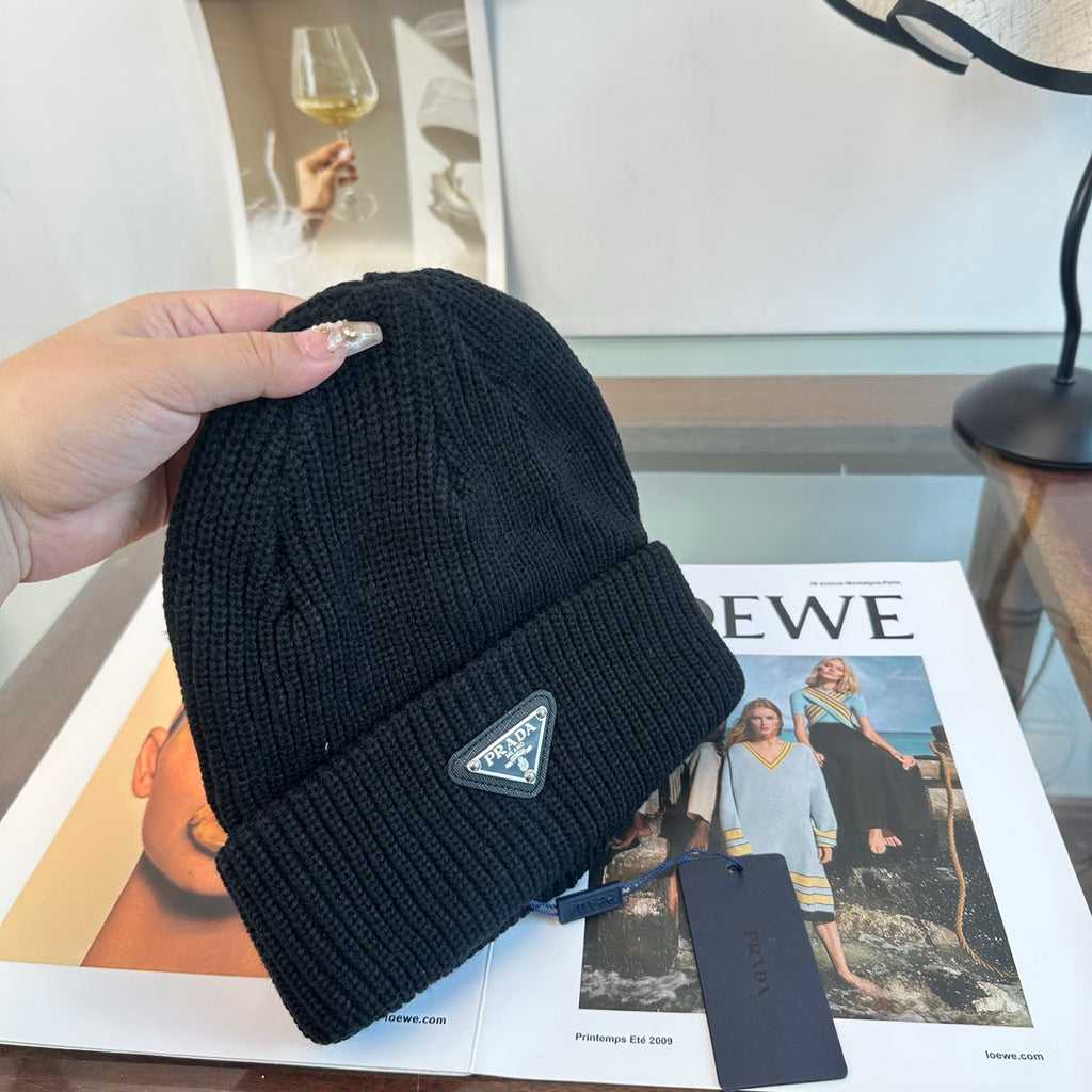 Ribbed Knit Beanie with Triangle Emblem