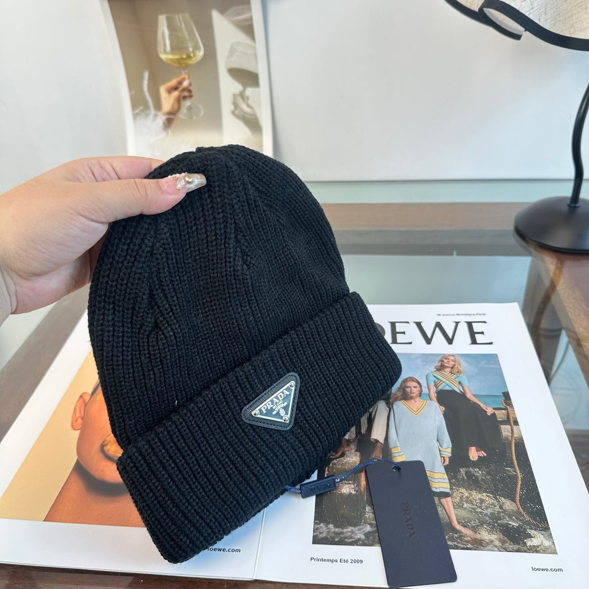 Ribbed Knit Beanie with Triangle Emblem