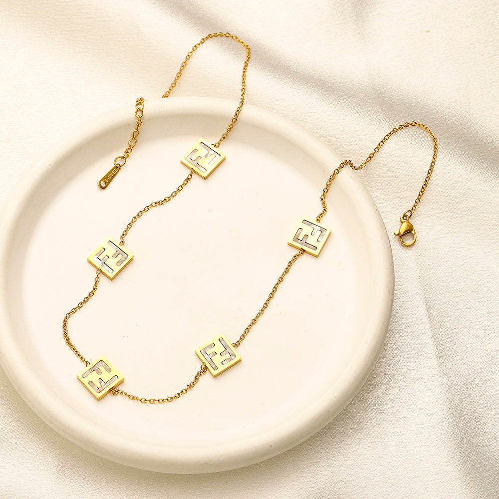 304 Stainless Steel Geometric F-Motif Station Necklace