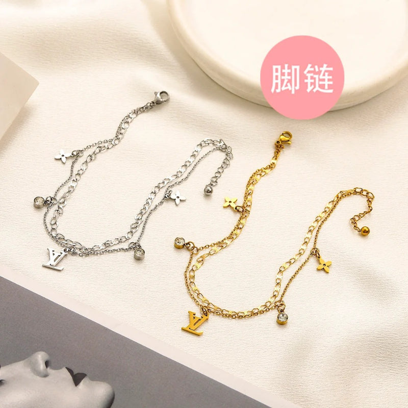 304 Stainless Steel Double-Chain Letter Charm Anklet