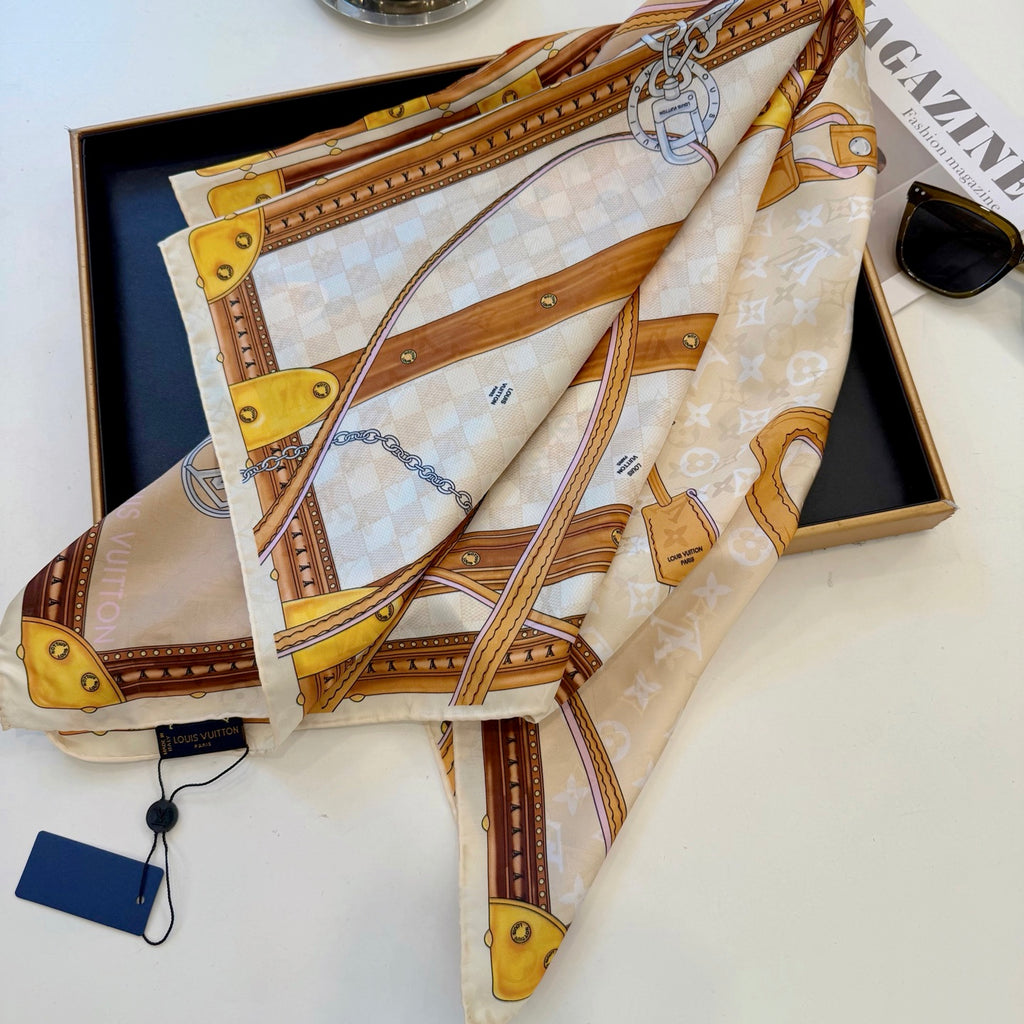 Foulard carré à imprimé damier et coffre - 90 x 90 cm