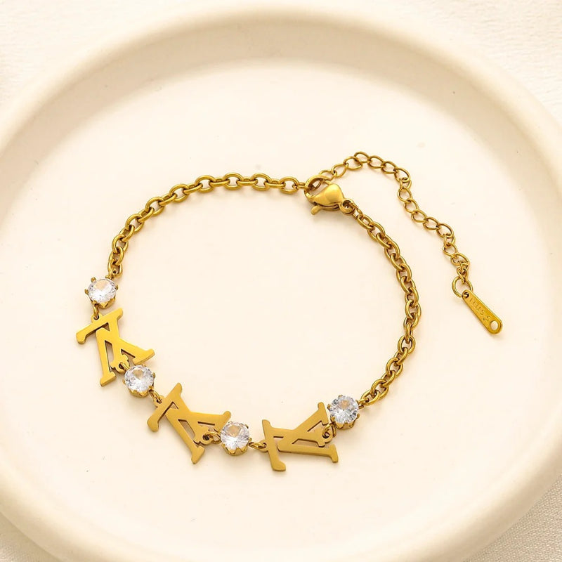 Bracelet chaîne en acier inoxydable 304 avec monogramme et pierre ronde