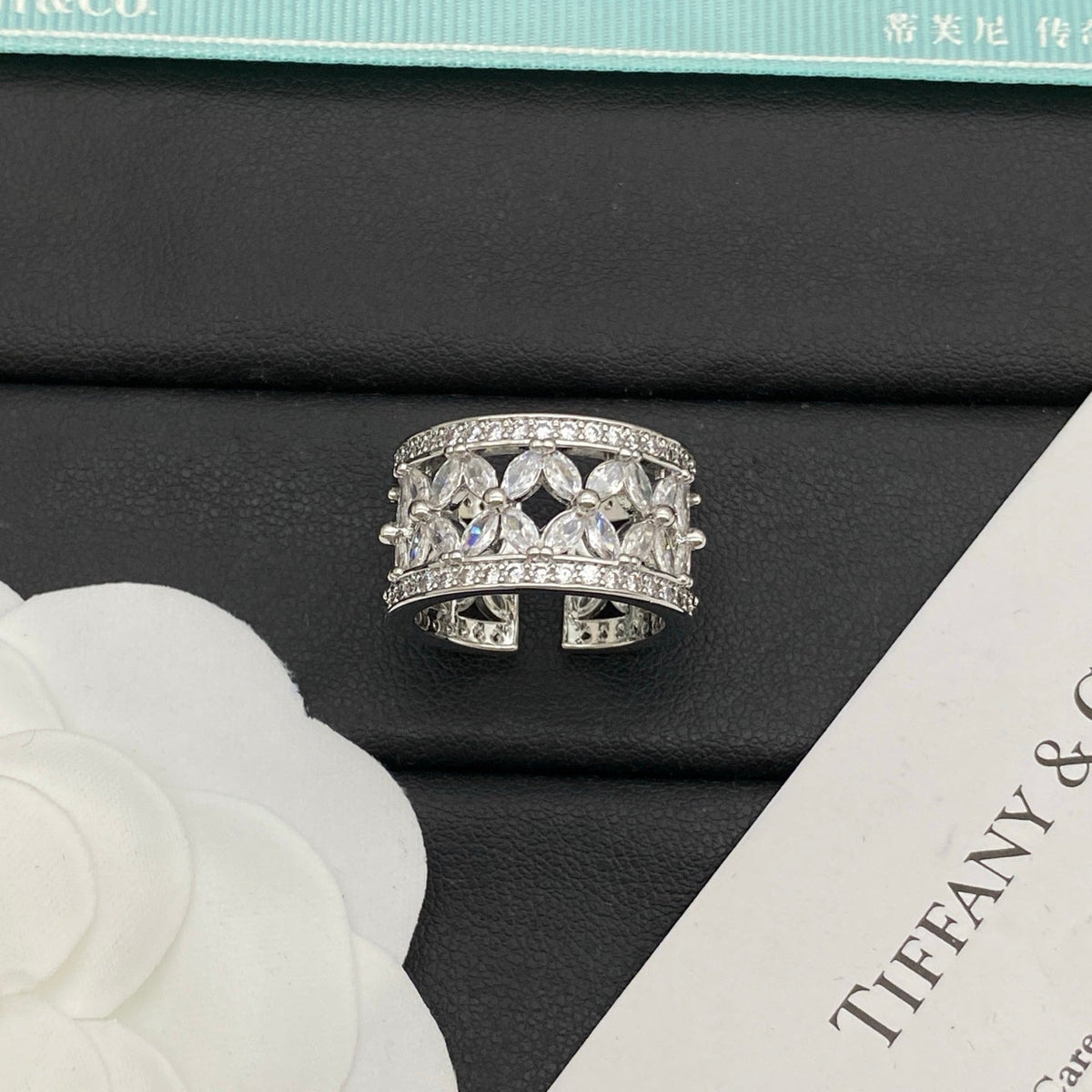 Wide Openwork Floral Band Ring with Stone Accents