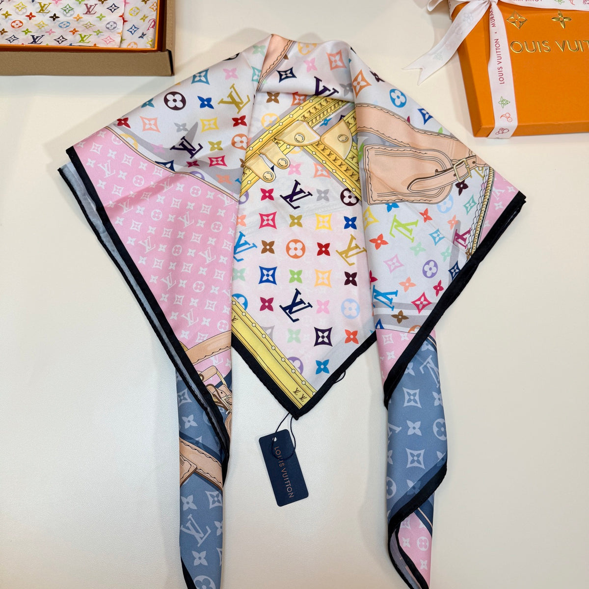 Contrast Border Floral Monogram Square Scarf - 90 x 90 cm