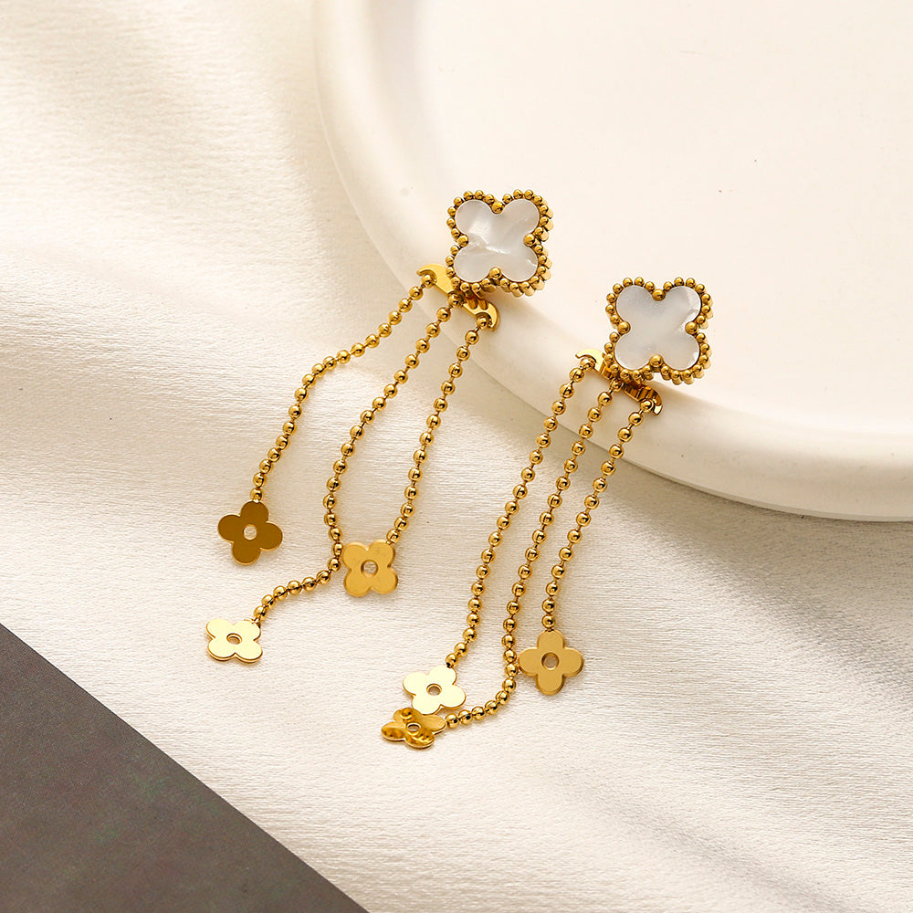 304 Stainless Steel Quatrefoil Chain Tassel Earrings