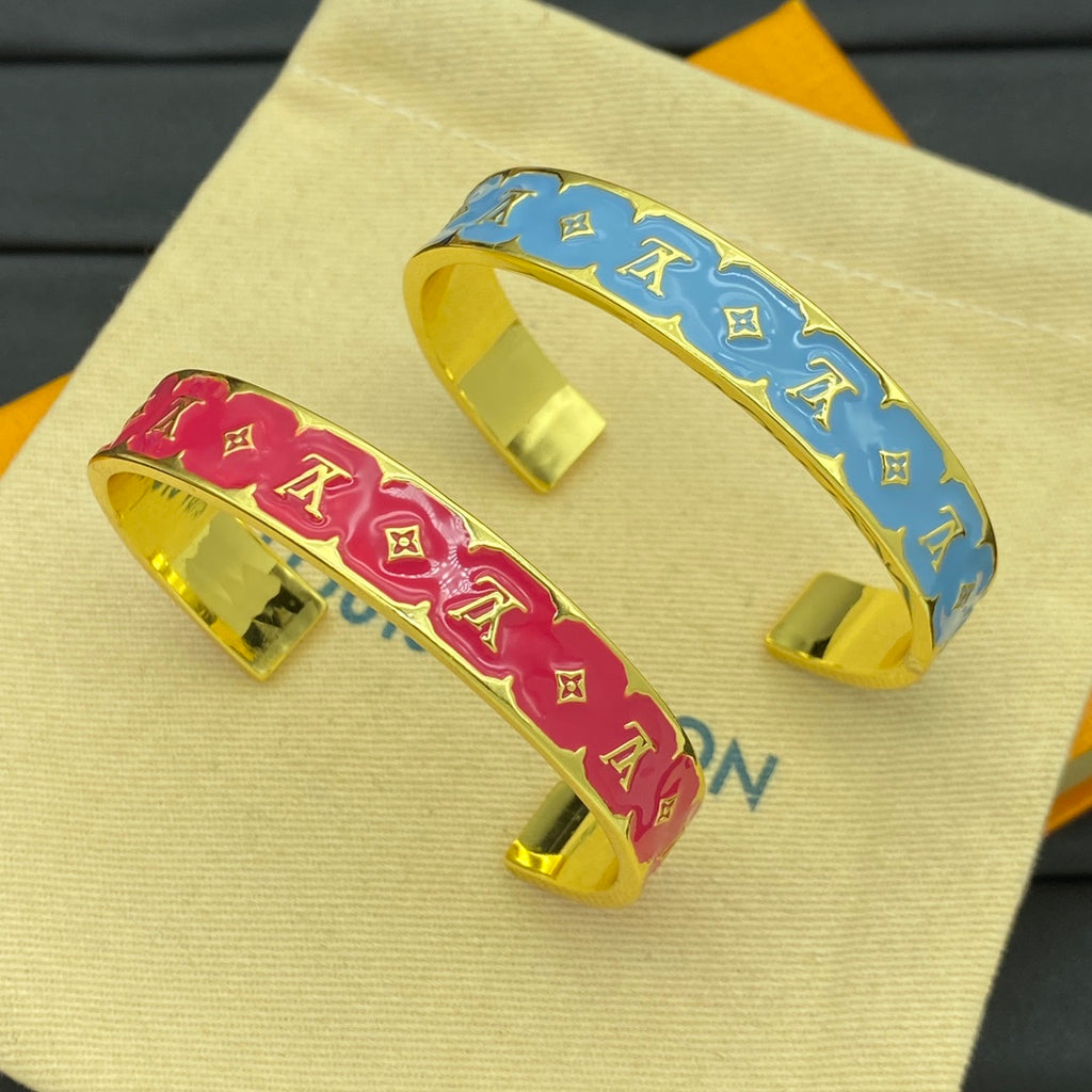 Color-Inlay Floral Monogram Bangle Bracelet