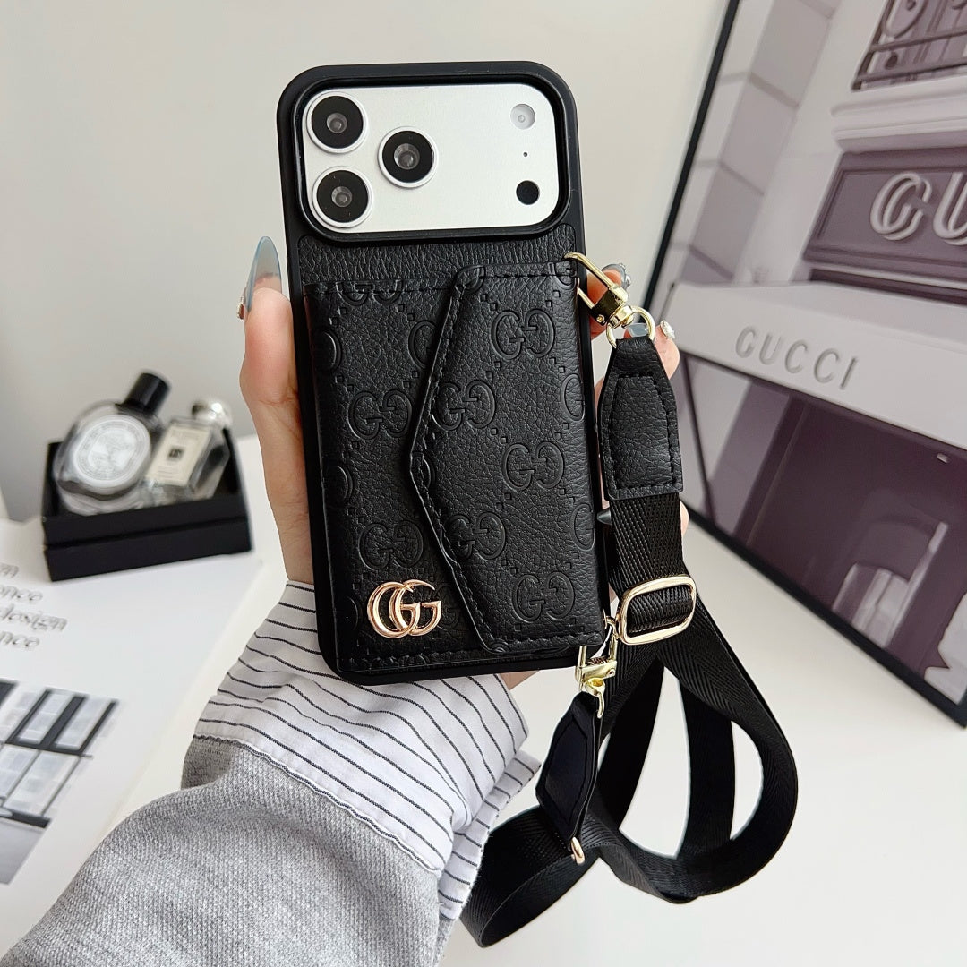 Quilted Emblem Phone Case with Card Pocket and Strap