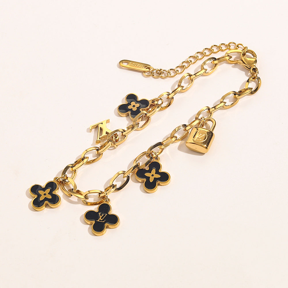 304 Stainless Steel Black Floral Charm Chain Bracelet